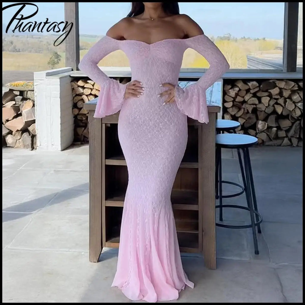 Elegant French Style Pink Long Dress Women Lace Long Sleeved Dress Evening Gown Party Wedding Dress up Lady Spring Summer Outfit