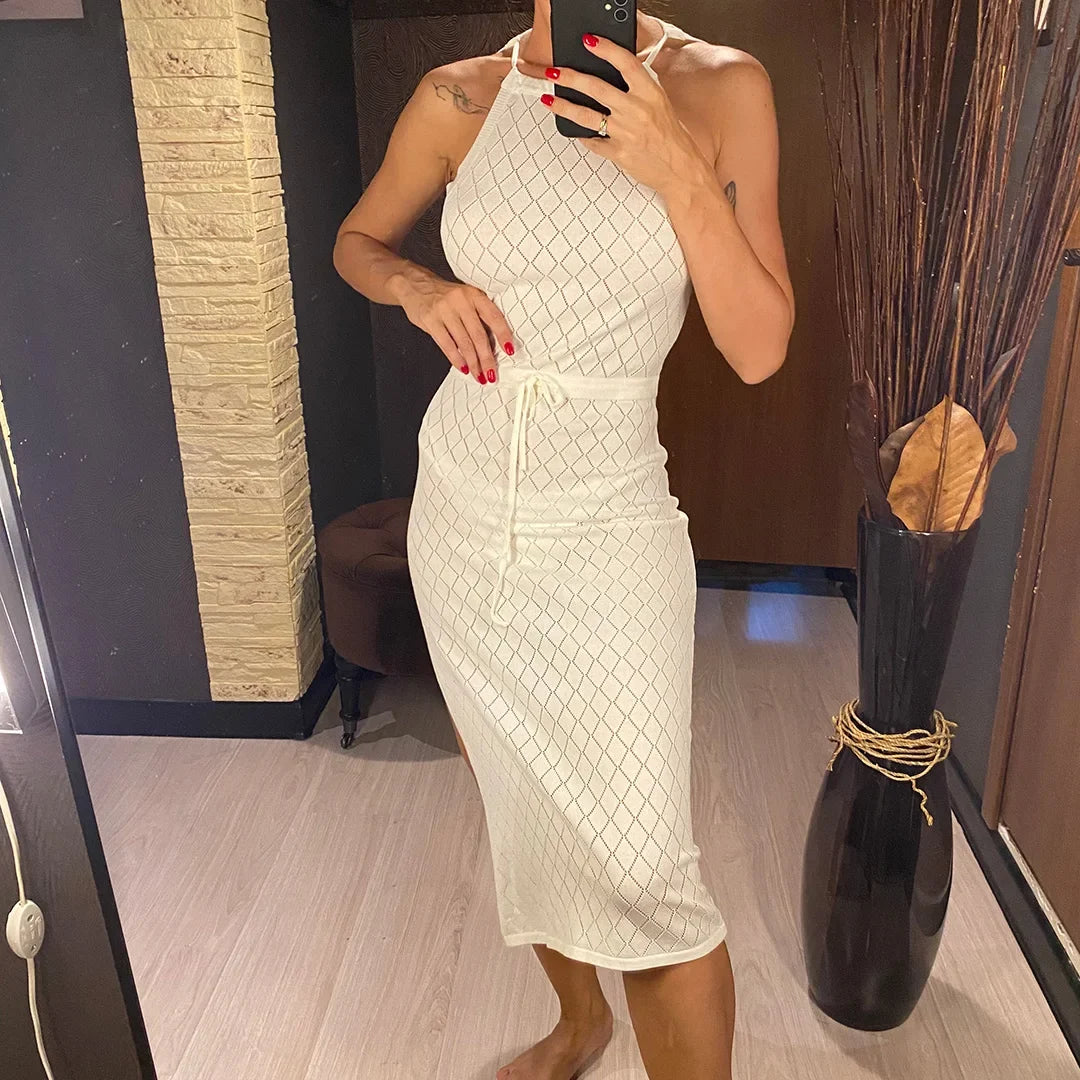 Halter Backless High Leg Cut Crochet Knitted Tunic Beach Cover Up Cover-ups Beach Dress Beach Wear Beachwear Female Women V5753