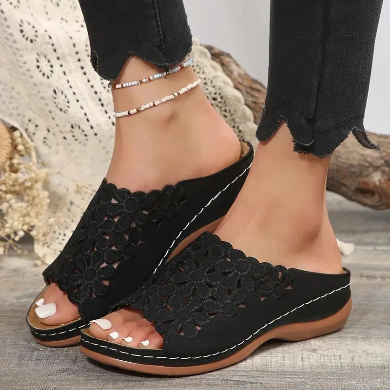 Fashion Plus Size Hollow Slippers for Women Summer 2025 Soft Sole Med Heel Sandal Woman New Arch Support Peep Toe Slides Mujer