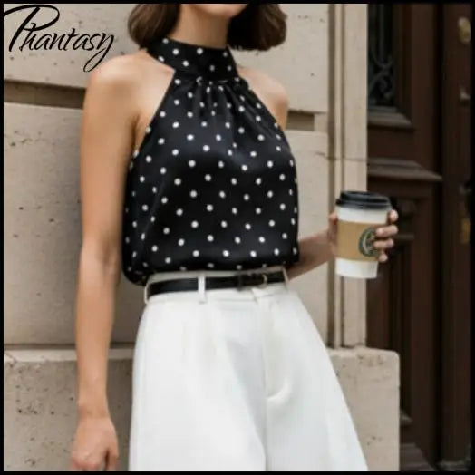 Phantasy Office Lady Polka Dot Tanks Eleghant Halter Black Top Women Sexy Lace up Sleeveless Red Vest 2026 Summer Clothing