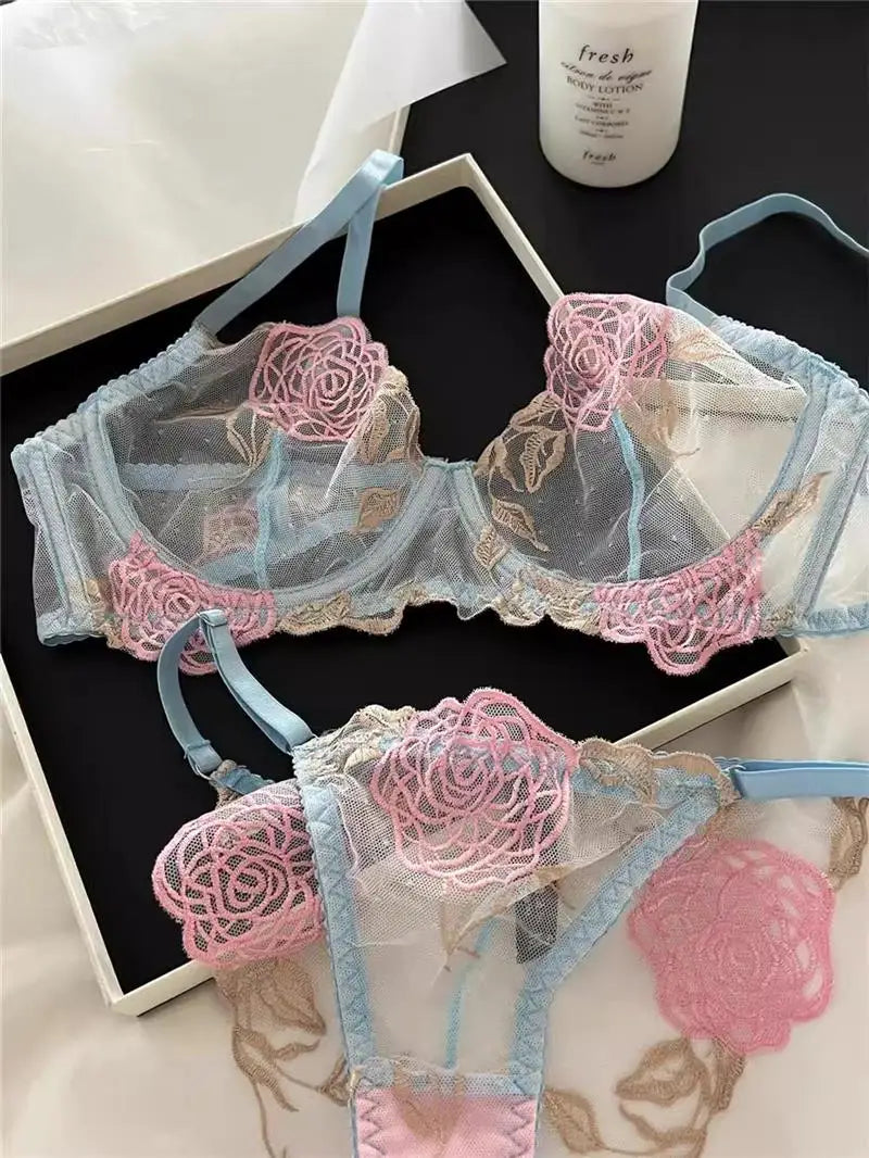 Pure Desire French Lace Bra Set Rose Embroidery Minimizer Wireless Comfort Support Full Bust Anti Sagging Breathable No Show USA