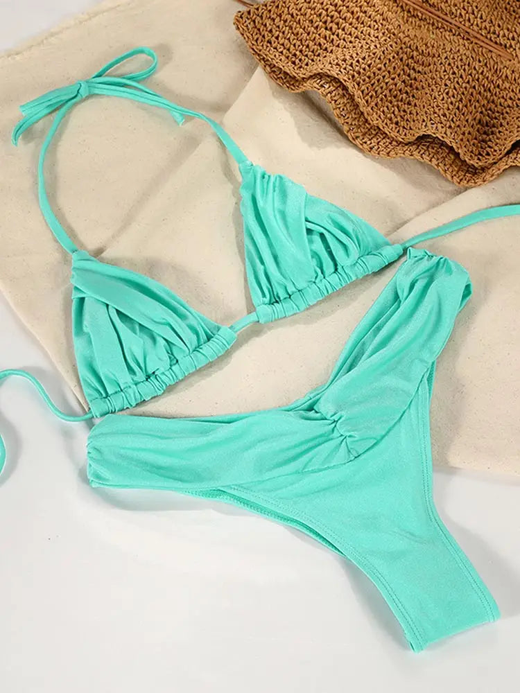 Miyouj Glitter Fabric Bikinis 2026 Sexy Bikini Set Folds Swimsuit Female Halter Bathing Suit Women Swimwear New Beachwear