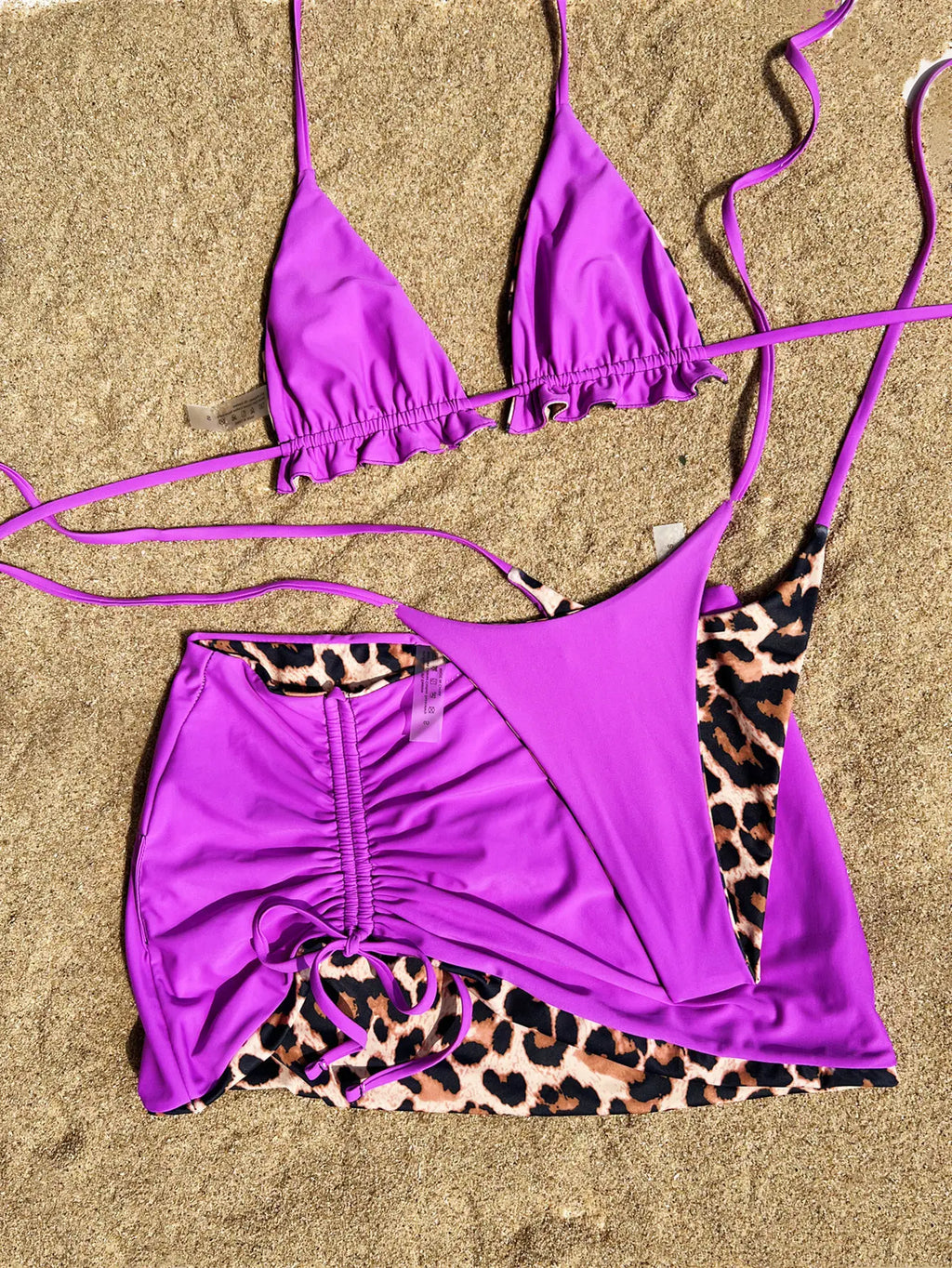 2026 Summer Leopard Print 3 Pieces Suit Swimwear Reversible Sexy Halter Lace-up Bikini Set Drawstring Skirt Cover Up Beachwear
