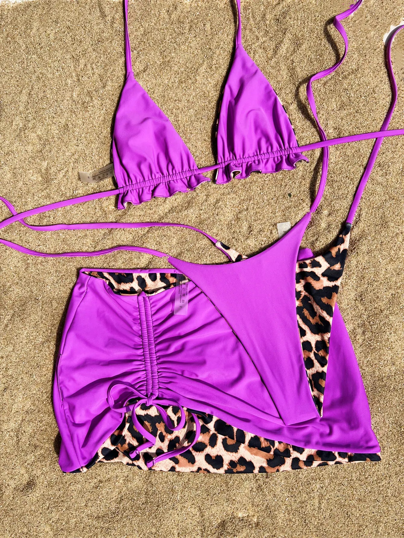 2026 Summer Leopard Print 3 Pieces Suit Swimwear Reversible Sexy Halter Lace-up Bikini Set Drawstring Skirt Cover Up Beachwear