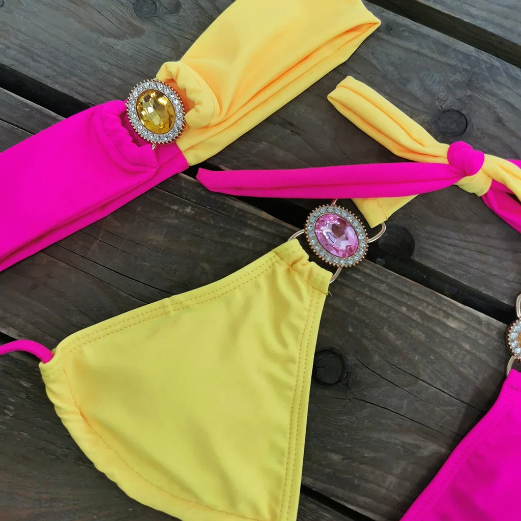 Sexy Skirt 4 Pieces Bikini Set Women Luxury Blue Patchwork Rhinestone Push Up Cover Up Swimsuit 2024 Beach Bathing Suit Swimwear