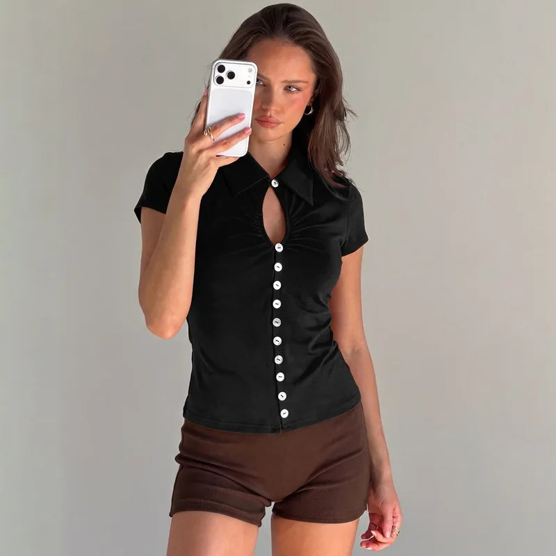 FDYOUI 2026 Women's T-shirts Turn-down Collar Single Breasted Short Sleeve Crop Tops Female Hollow Out Red Tee Shirt Streetwear