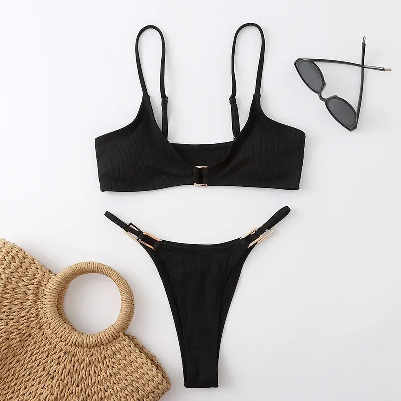 Sexy Ribbed Metal Rings High Cut Bikini Female Swimsuit Women Swimwear Two-pieces Bikini Set Micro Thong Bathing Suit Swim Lady