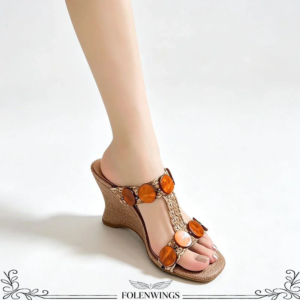 Boho Raffia Comfortable 8cm High Heels Wedge Slide Mules T-Strap Vacation Beach Straw Heels Espadrille Wedge Sandals Women Shoes
