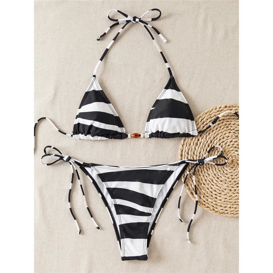 XS - L Sexy Zebra Halter High Leg Cut Bikini Women Swimwear Female Swimsuit Two-Pieces Bikini Set Bather Bathing Suit Swim V6799