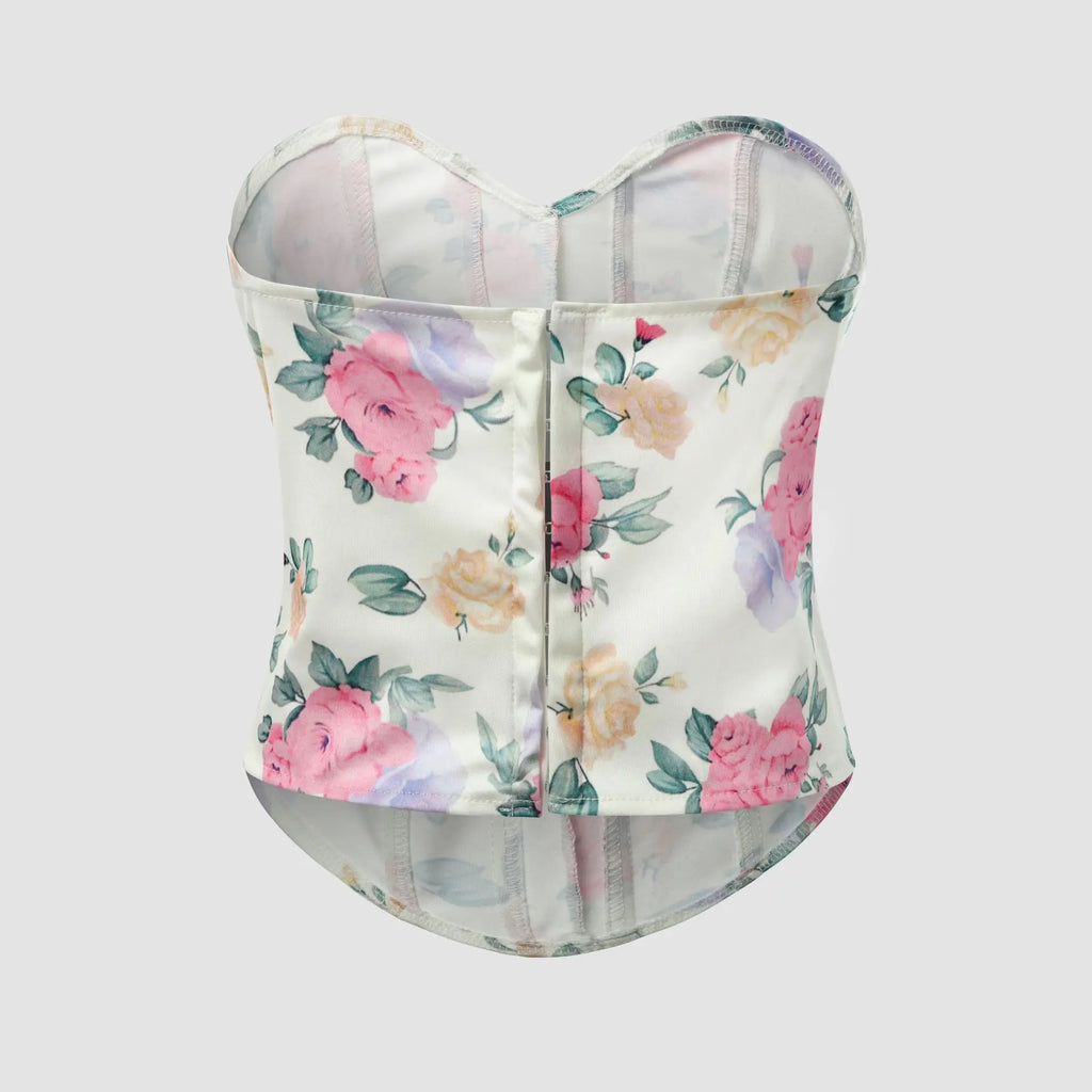 Summer Women Floral Y2K Crop Tops Printed Sleeveless Fishbone Corset Woman Sexy Backless Slim Strapless Streetwear Camisole