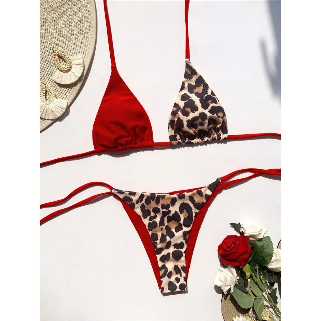 Halter Splicing Leopard Bikinis 2026 Satin Bikini Female Swimsuit Women Swimwear Two-pieces Bikini Set Micro Bathing Suit Swim