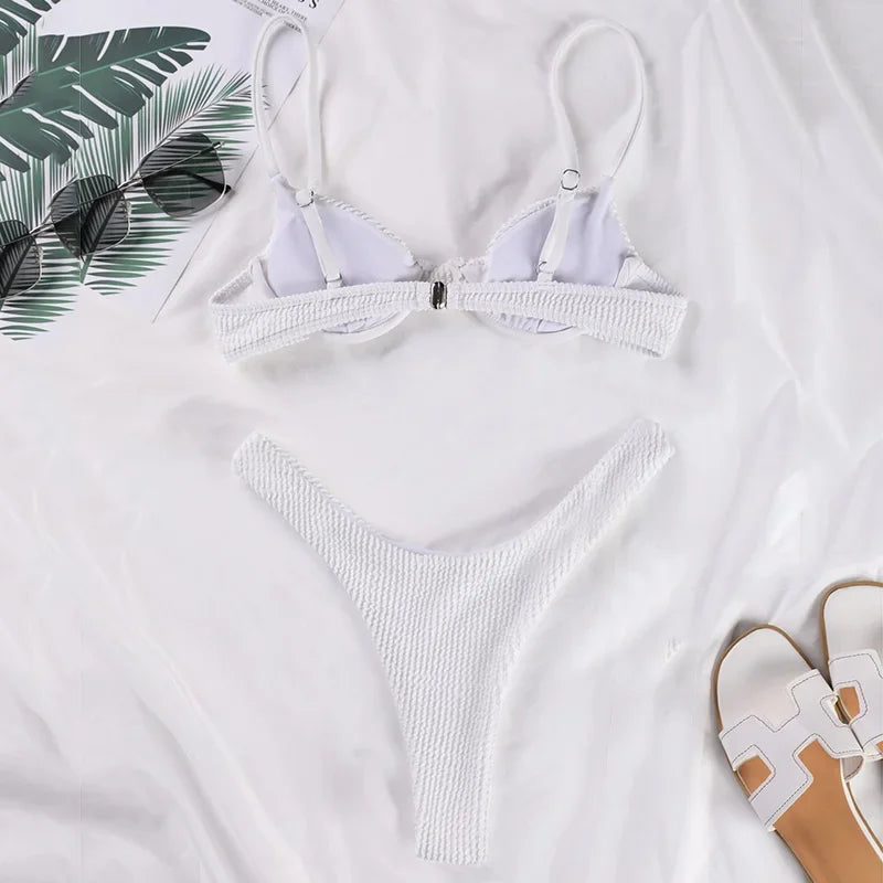 Wrinkled Underwired V-Bar Bikini Swimsuit Female Swimwear Women Two-pieces Bikini set High Cut Bather Bathing Suit Swim Lady