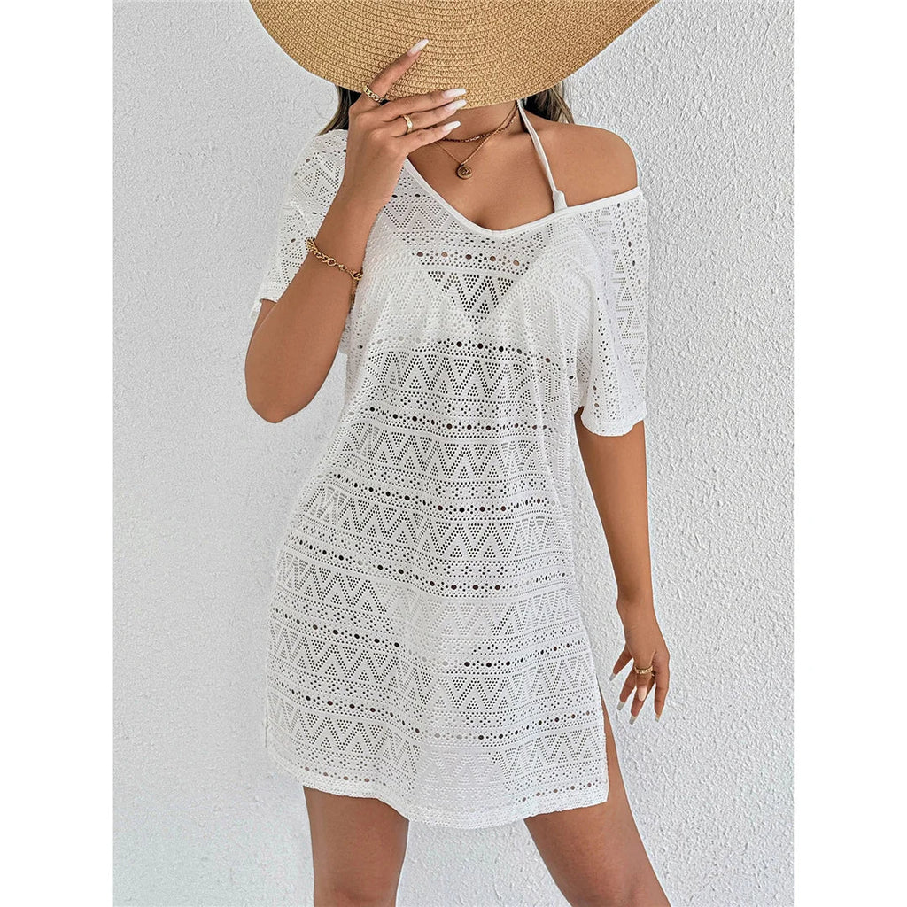 S - XL V Neck Short Sleeve Hollow Out Knitted Tunic Beach Cover Up Cover-ups Beach Dress Beach Wear Beachwear Female Women V8214