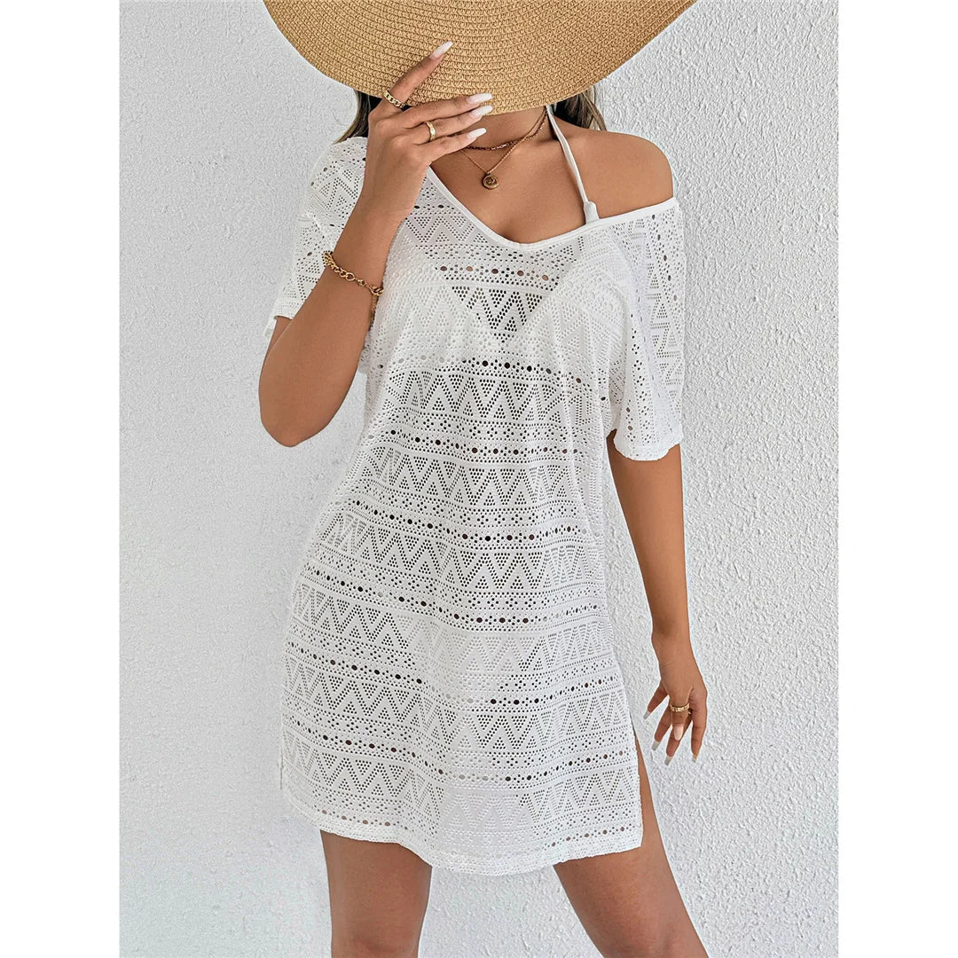 S - XL V Neck Short Sleeve Hollow Out Knitted Tunic Beach Cover Up Cover-ups Beach Dress Beach Wear Beachwear Female Women V8214