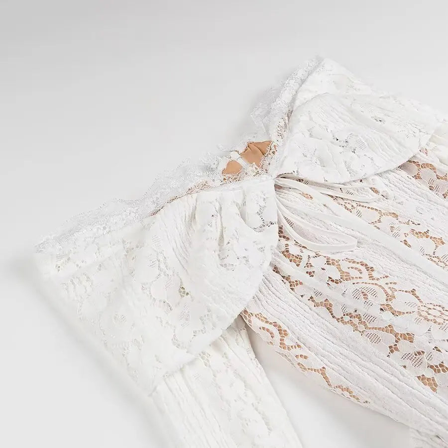 Off Shoulder White Lace Party Dress Flare Sleeve Bowknot Party Maxi Dress Sexy Elegant Summer Bodycon Vestidos Embroidery Robe