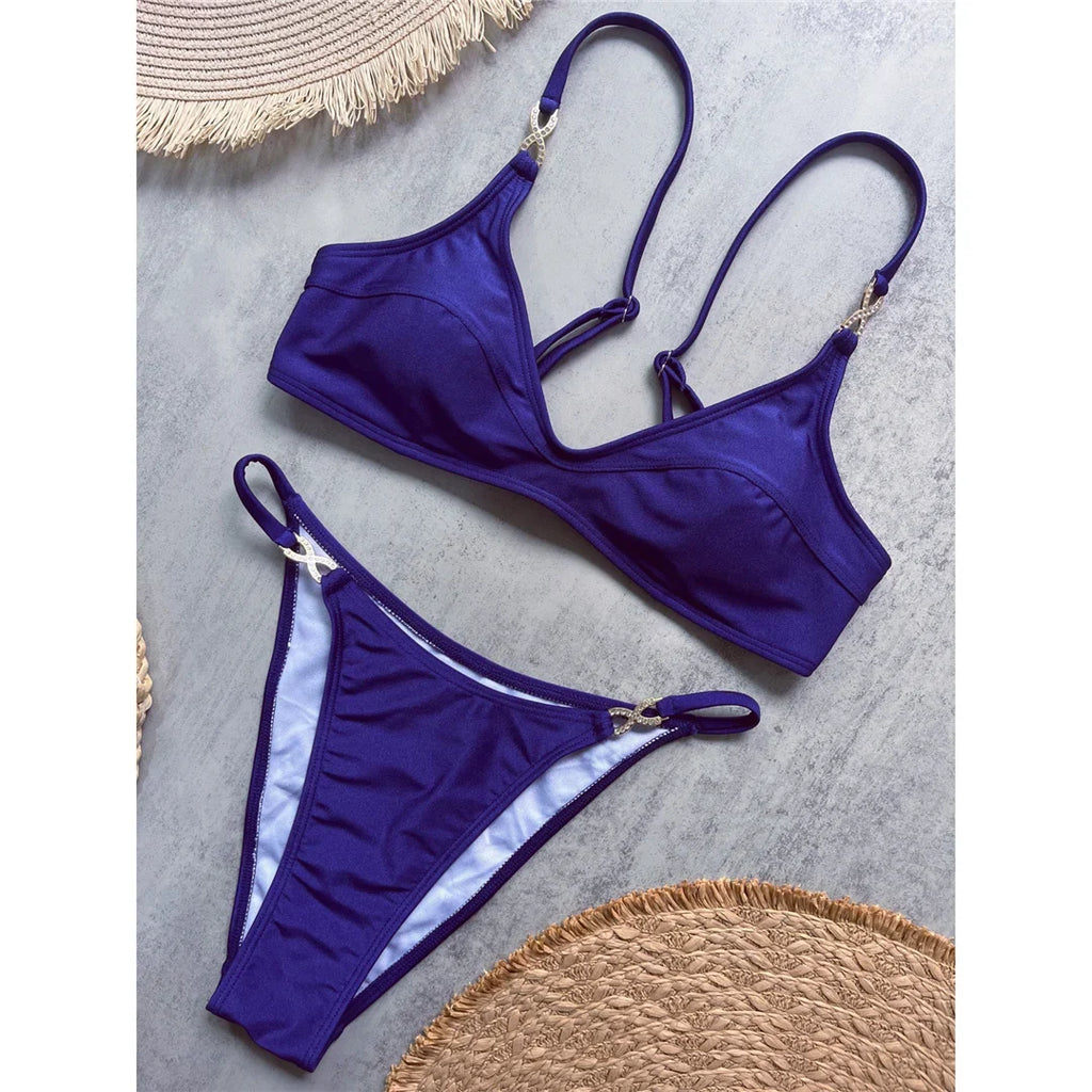 10 Colors V Neck Rhinestones Bikini Female Swimsuit Women Swimwear Two-pieces Bikini Set Padded Bather Bathing Suit Swim V8138