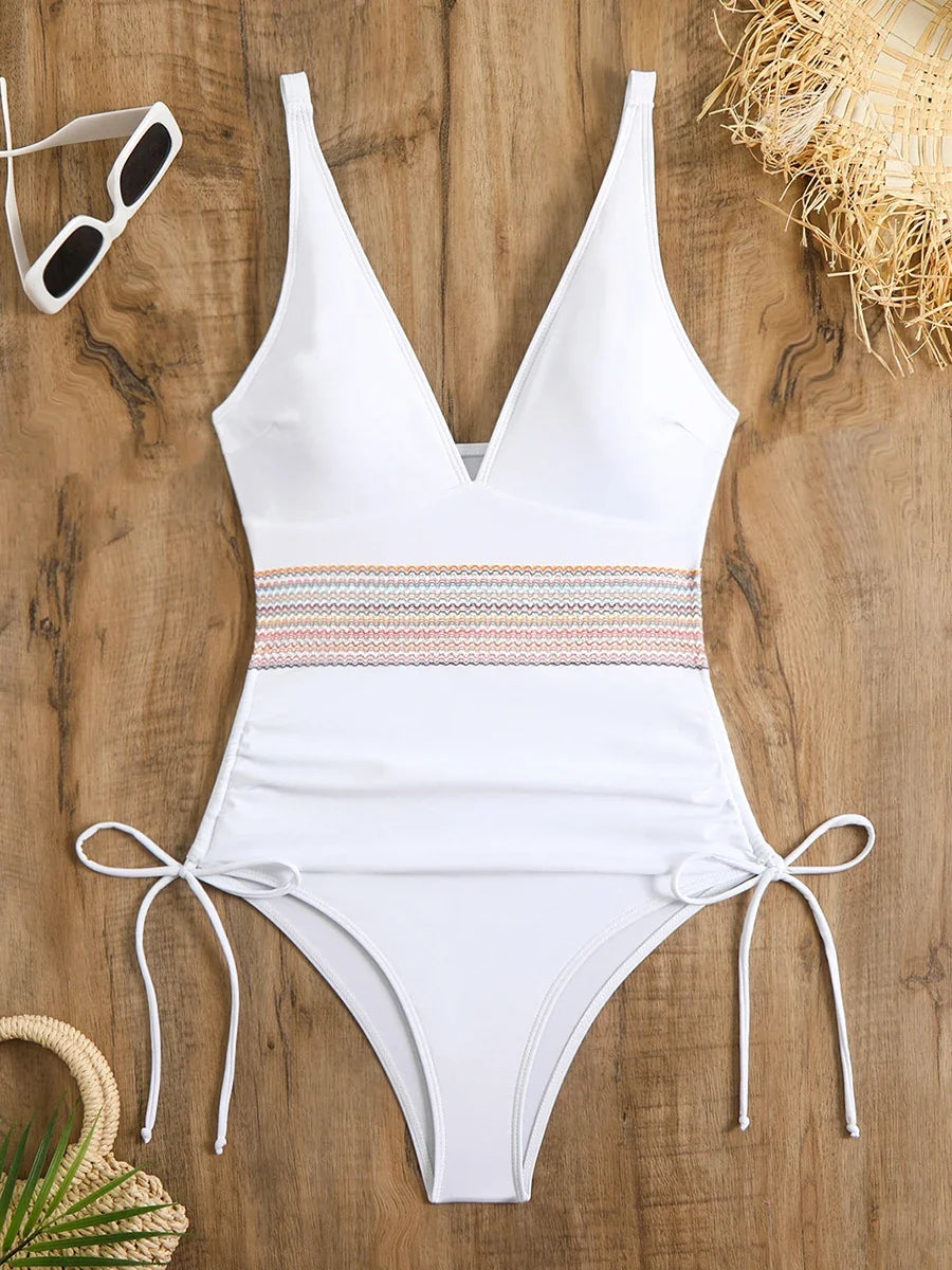 2026 Sexy Solid One Piece Swimsuit Women V-neck Drawstring Swimwear Female Bathers Bathing Swimming Swim Suit Beachwear