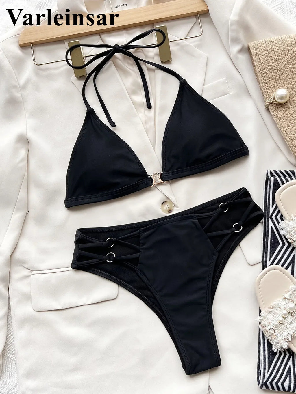 Sexy Halter Strappy Mid Waist Bikini Female Swimsuit Women Swimwear Two-pieces Bikini set Padded Bather Bathing Suit Swim V3635