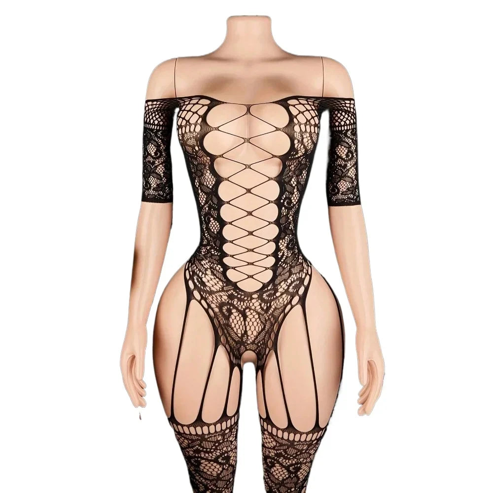 Sexy Lingerie Jumpsuit, Open Crotch Exposed Breast Bra Mesh Suit, Women's Jumpsuit And Sexy Lingerie Set