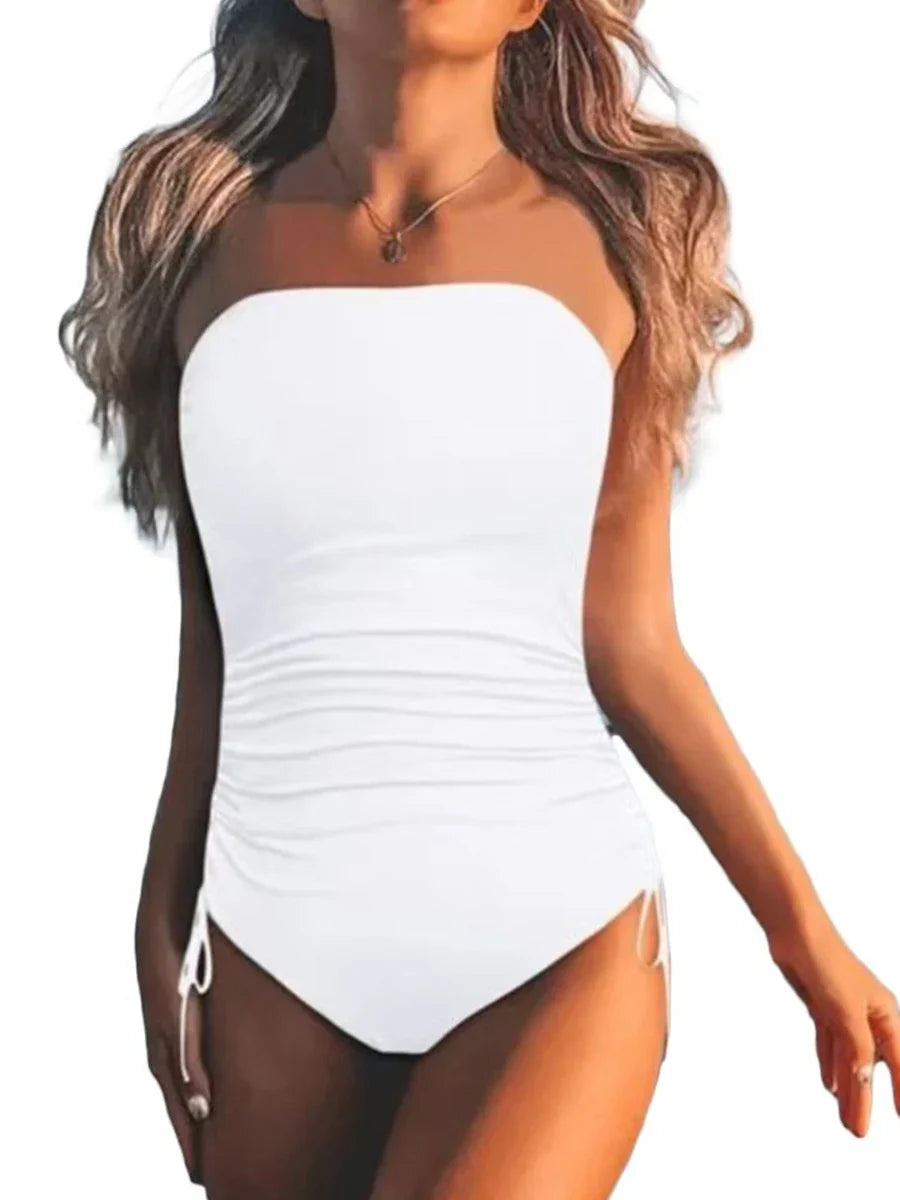 2026 Strapless Drawstring Swimsuit One Piece Solid Black Swimwear Women Sexy Bathers Bathing Swimming Swim Suit Female Beachwear