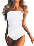 2026 Strapless Drawstring Swimsuit One Piece Solid Black Swimwear Women Sexy Bathers Bathing Swimming Swim Suit Female Beachwear