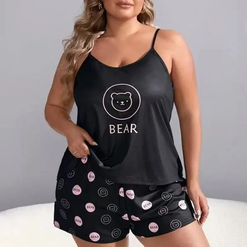Plus Size Women's Pajamas Set Bear Print Sleeveless Screw Top & Shorts Female 2 Pieces Sleepwear Nightwear Homewear Cloth