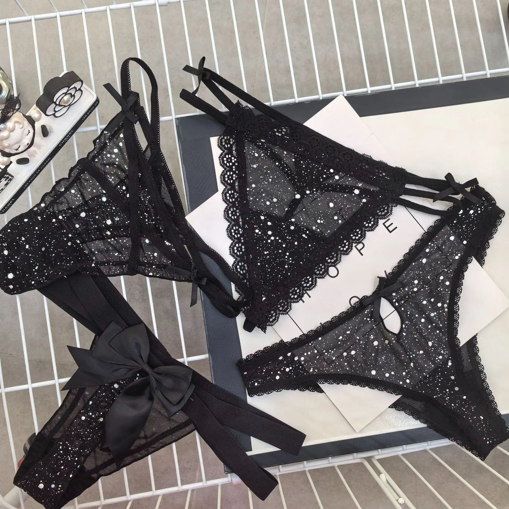 Sexy Women's Thong Erotic Cross Hollow T Pants Starry Sky Shiny Sequins Black Mesh Transparent Bow Perspective Briefs Lingerie