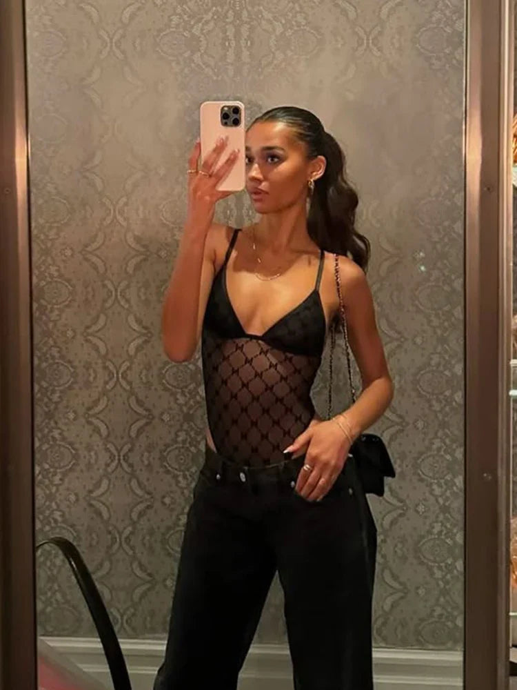 Ahagaga Sexy Club Women's Bodysuits Solid See Through Skinny Camisole Blackless Slim Fit V-Neck Mesh Sleeveless Streetwear Tops