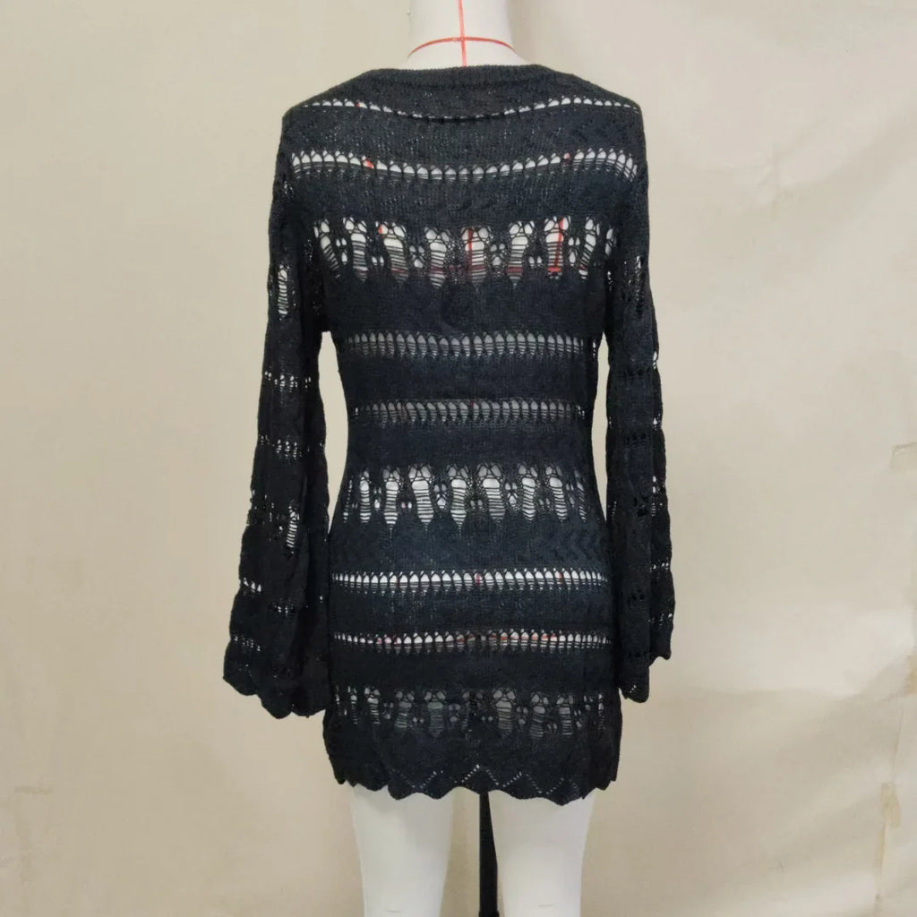 S - XL Long Sleeve Hollow Out Crochet Knitted Tunic Beach Cover Up Cover-ups Beach Dress Beach Wear Beachwear Female Women K5542