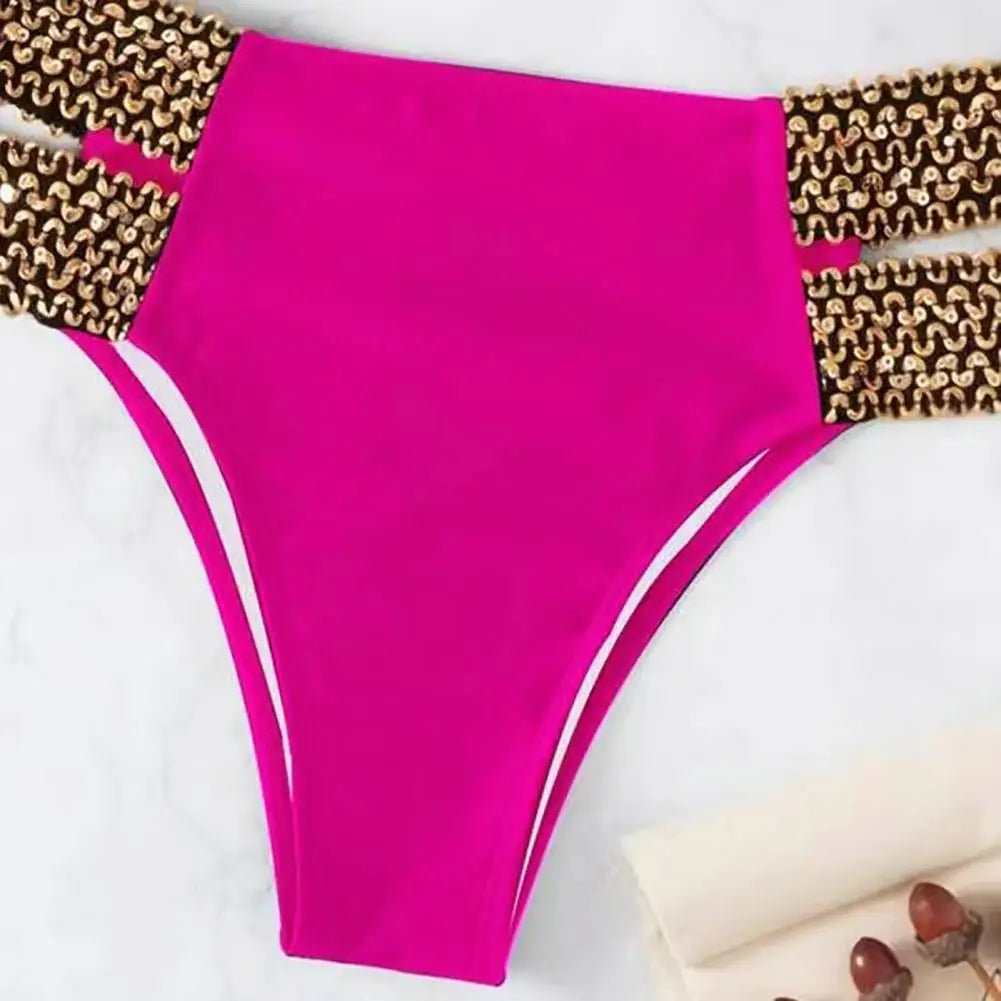 2Pcs/Set Women Bikini Set Ring Connection Off Shoulder Bathing Suit Elastic Waistband Backless High Cut Lady Beach Bikini Suit