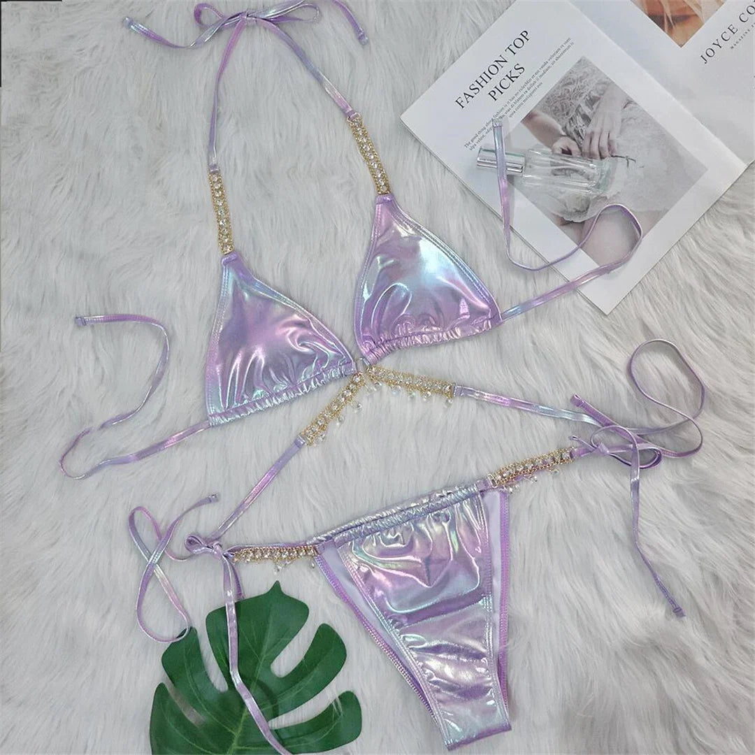 Diamond Rhinestones PU Faux Leather Bikini Female Swimsuit Women Swimwear Two-pieces Bikini Set Bather Bathing Suit Swim V5131