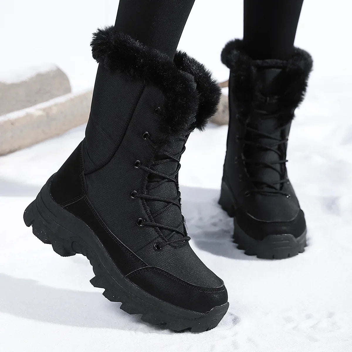 Winter Snow Boots  Women Waterproof Non-Slip Warm Northeast-Style Large Cotton Shoes, Ski , Fleece-Lined,  High-Top Cotton Boots