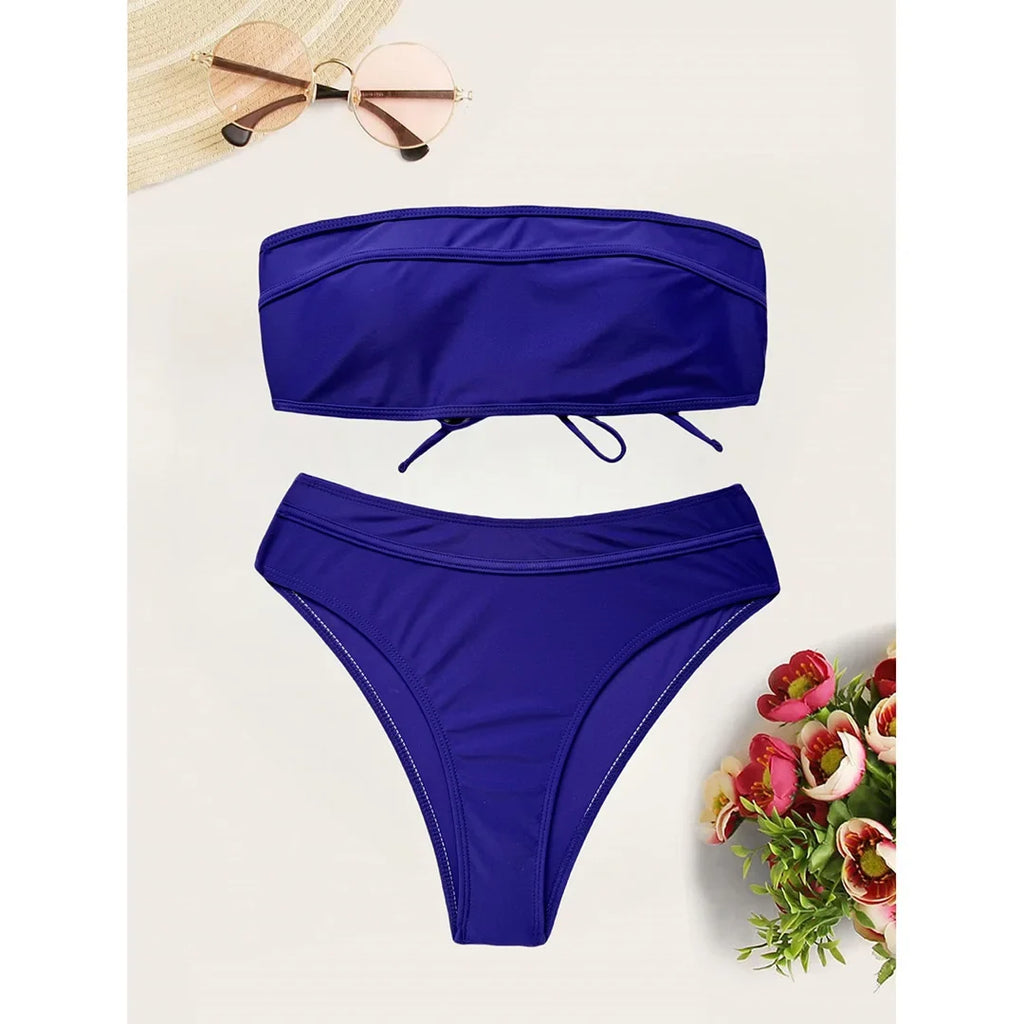 Sexy Bandeau High Leg Cut Female Swimsuit High Waist Bikini Women Swimwear Two-Pieces Bikini Set Bather Bathing Suit Swim V5444