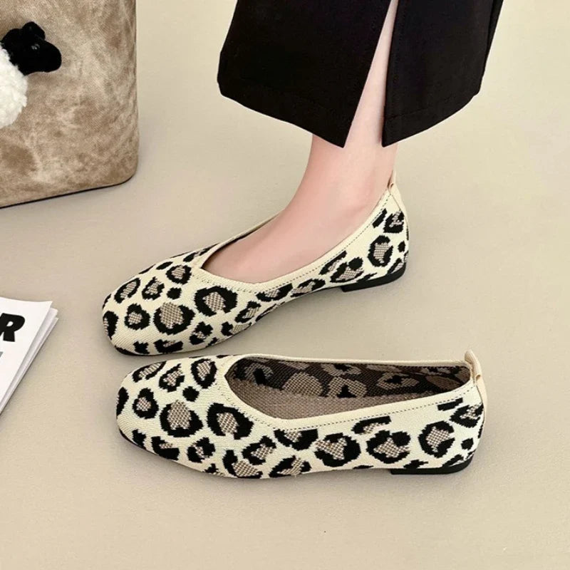 Leopard Color Square Toe Knitted Loafers Women Leisure Flat Shoes Soft Bottom Shallow Ballet Flats Casual Slip on Boat Shoes