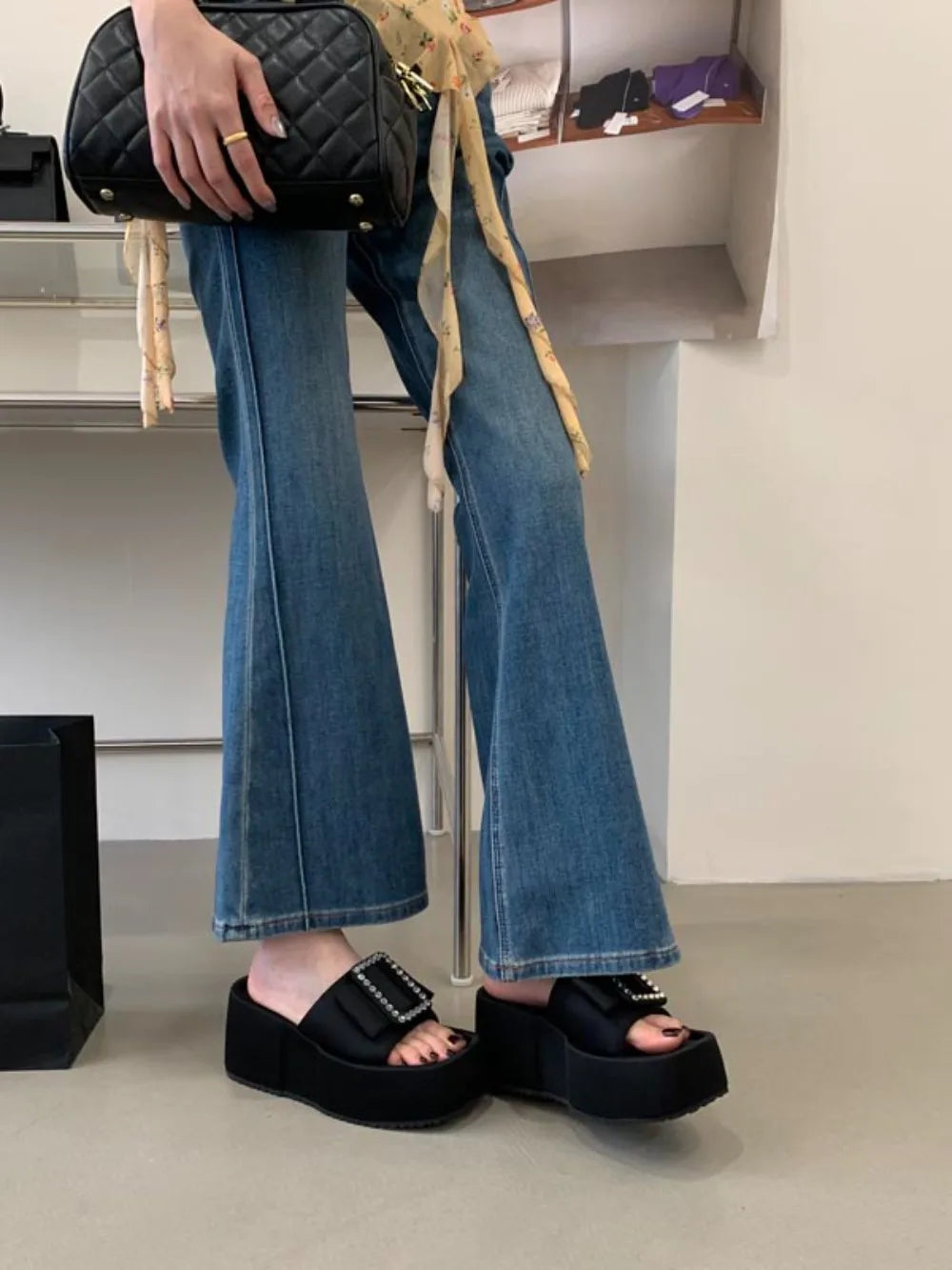Women Punk Lazy Platform Sandals Buckle Design Garden Shoes Roman Street Slippers Flip Flops Denim Blue Outdoor Beach Shoes