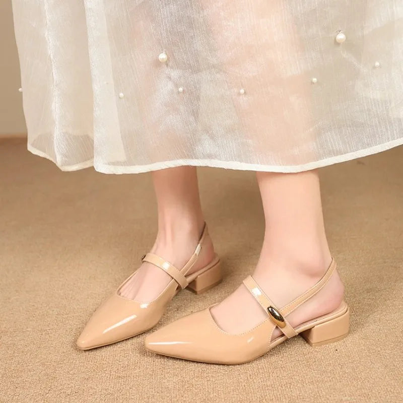 White Leather Pointed Toe Low Heel Heels Woman Shoes Pumps Fashion Buckle Strap Mules Sandals Zapatos Mujer
