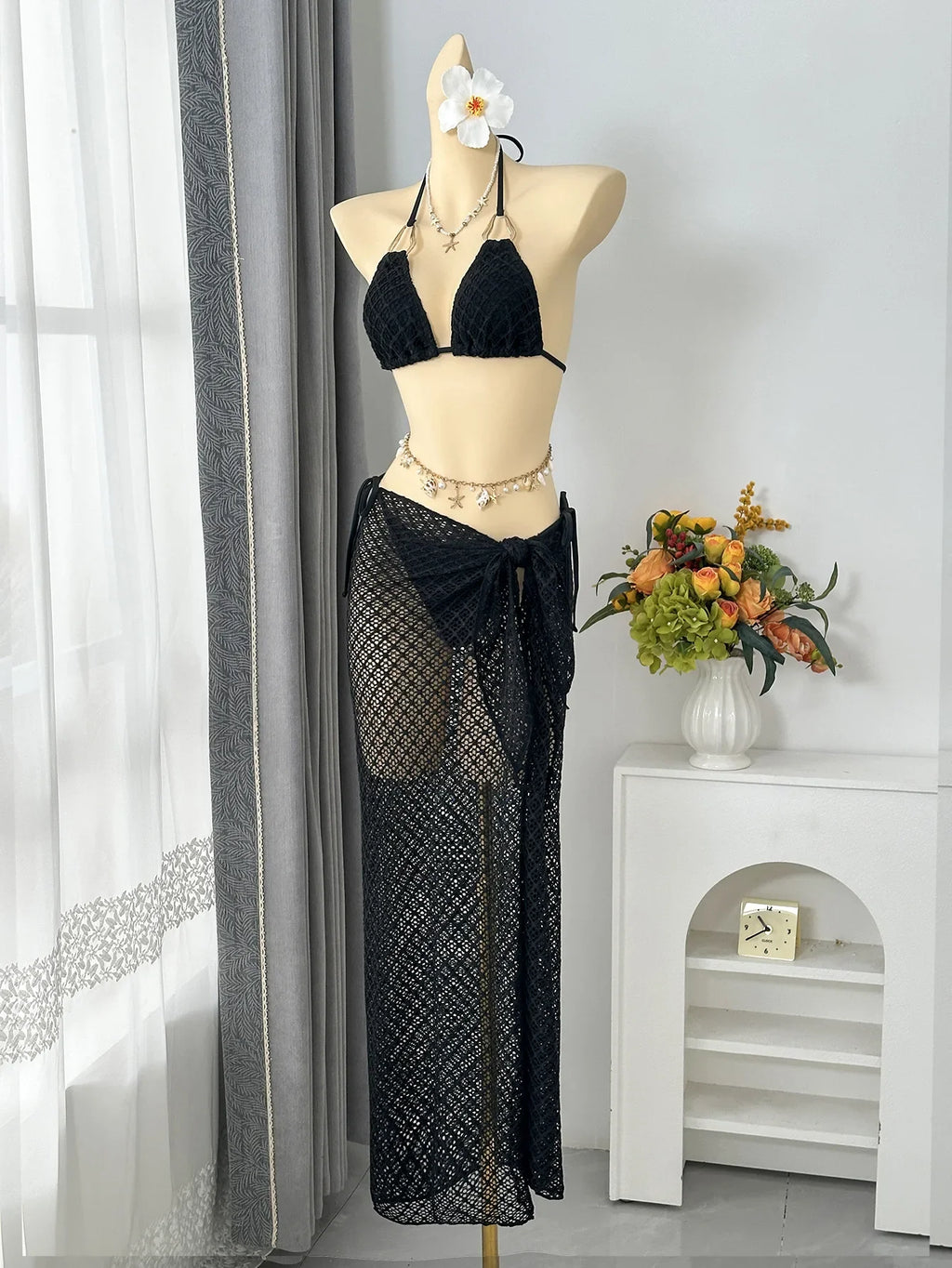 Sexy Mesh Cover Up 3 Piece Bikinis Sets 2026 Women Black Metal Chain Strap Push Up Thong Swimsuit Holiday Bathing Suit Swimwear
