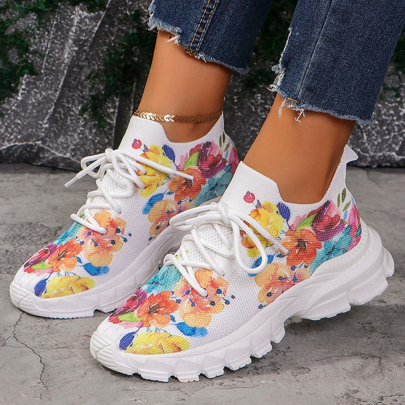 Floral Print Women's Knitted Sneakers Summer 2025 New Breathable Air Mesh Casual Shoes Woman Light Weight Walking Sports Flats
