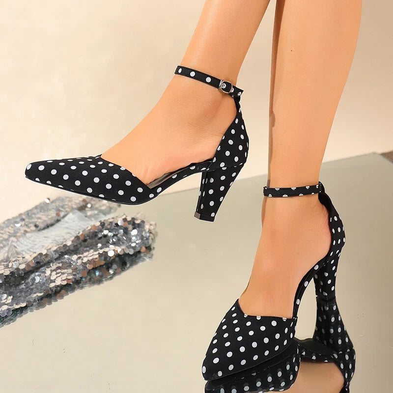 Fashion Polka Dot Ankle Buckle Pumps Women Plus Size 42 Pointed Toe High Heels Sandals Woman Elegant Thick Heel Party Shoes