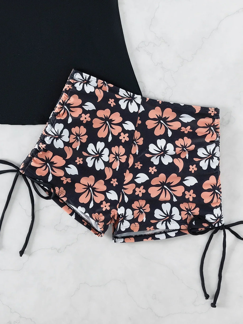 2026 Women's Bikini 2-piece Swimwear Tankini Set Sexy Halter Black Bathing Suit  Floral Print Drawstring High Waist Swimsuit