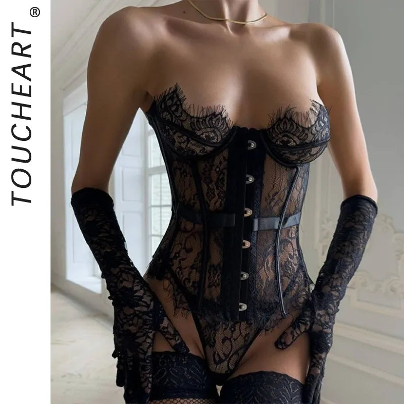 Toucheart Erotic Bodysuit French Retro Black Lace Jumpsuit Women's Sexy Delicate Intimate Seductive Backless Fishbone Shapewear