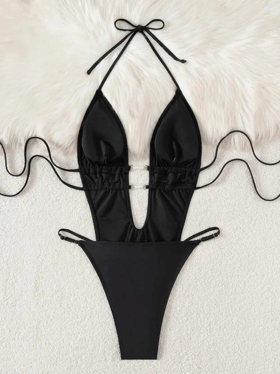 Deep V Neck Halter Backless Female Swimwear One Piece Swimsuit Women Monokini High Cut Leg Bathing Suit Swim Beach Wear Bodysuit