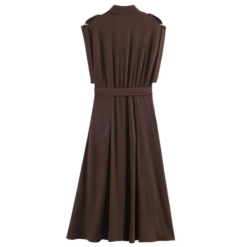Women's Fashion Midi Dress Brown Sleeveless Shirt Dress For Women Shoulder Details Buttoned Waist Button Elegant For Wear PS9Y