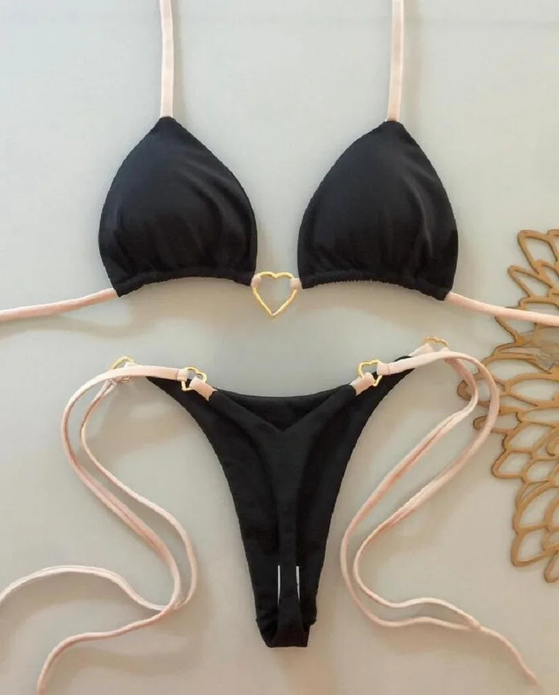 New Solid Color White Bikini Women suit Low Waist Lace-up Fashionable Swimsuit Two-piece Set