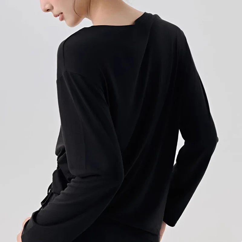 Women's Slimming Long-Sleeved Yoga Suit Sports T-Shirt with Drawstring Waist for Pilates Outdoor Fitness Training