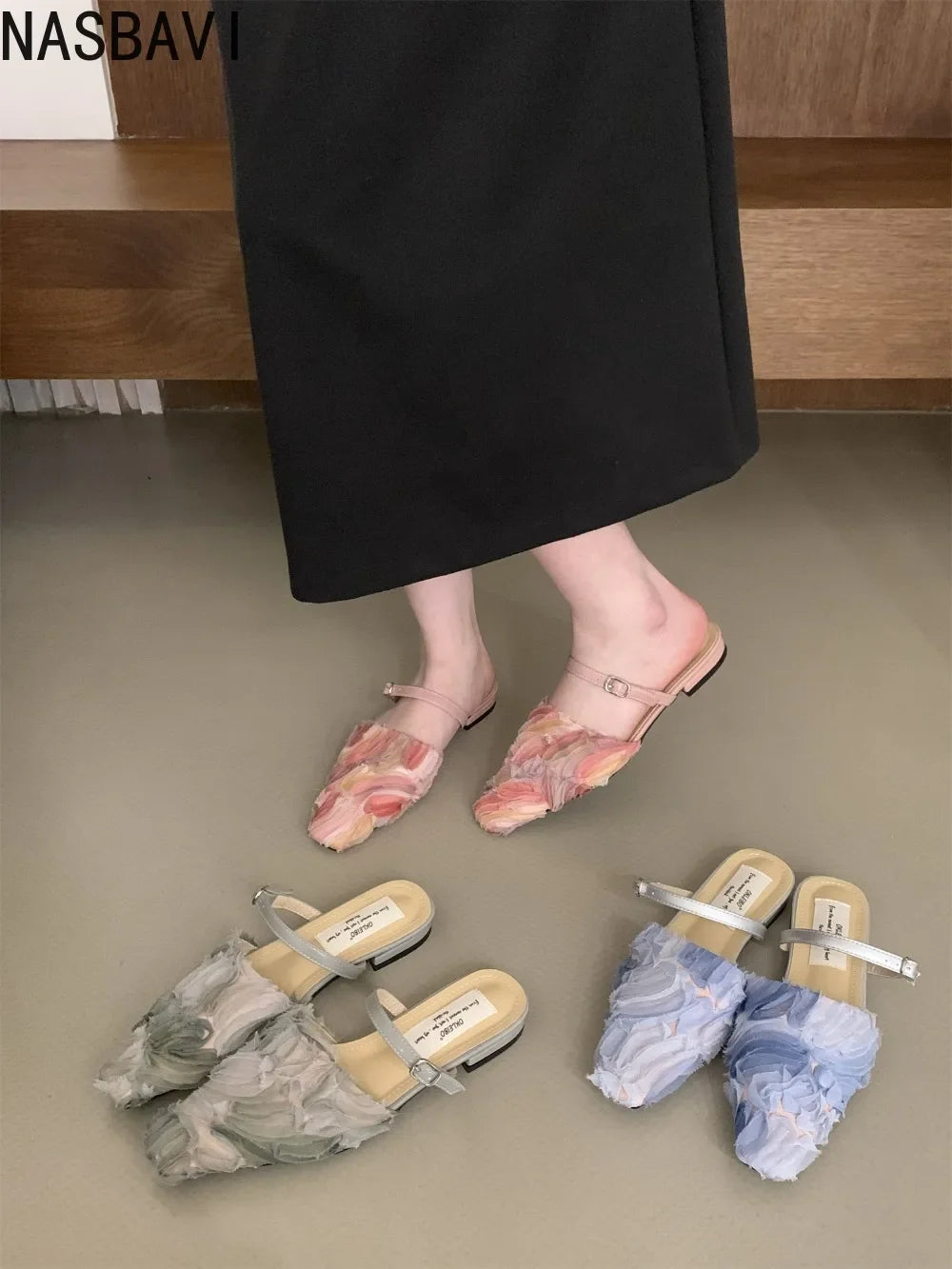 Flat with Sandals Slides for Women Girls Sweet Square Toe Shoe Designs Slip-on Sandals Woman 3D Slippers Summer 2026 Luxury New