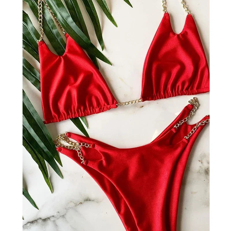 Sexy Cow Print Halter Metal Chains Brazilian Bikini Women Swimsuit Female Swimwear Two Pieces Bikini Set Bathing Suit Swim Lady
