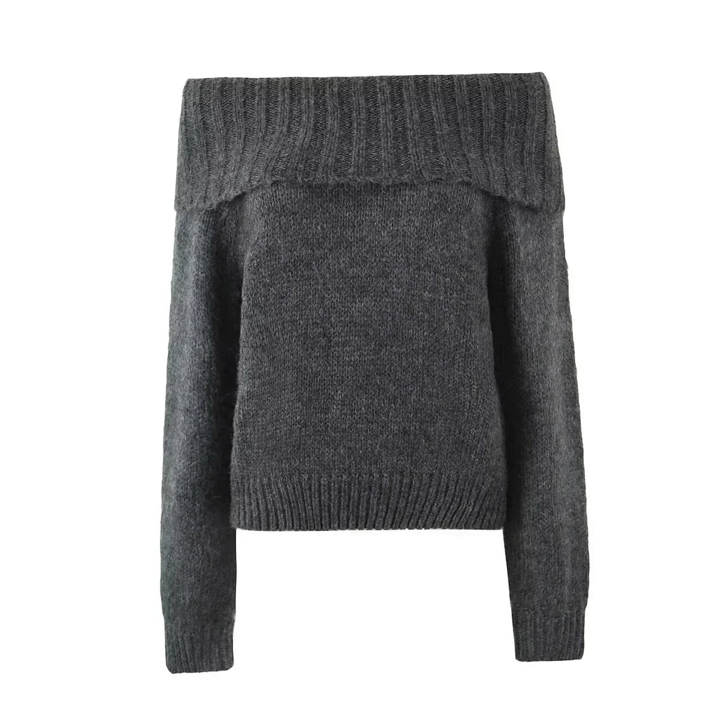 Foridol Slash Neck Dark Grey Mohair Women Sweater Pullover Femme Casual Loose Trendy Style Autumn Winter Knitted Pullover