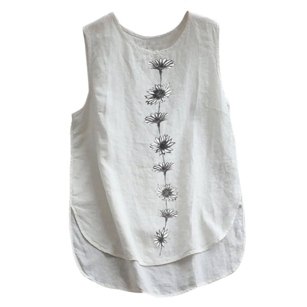 Women Vintage Cotton Linen Tanks Tops Round Neck Floral Print Shirt Summer Sleeveless Blouse Elegant Female Casual Loose Tops