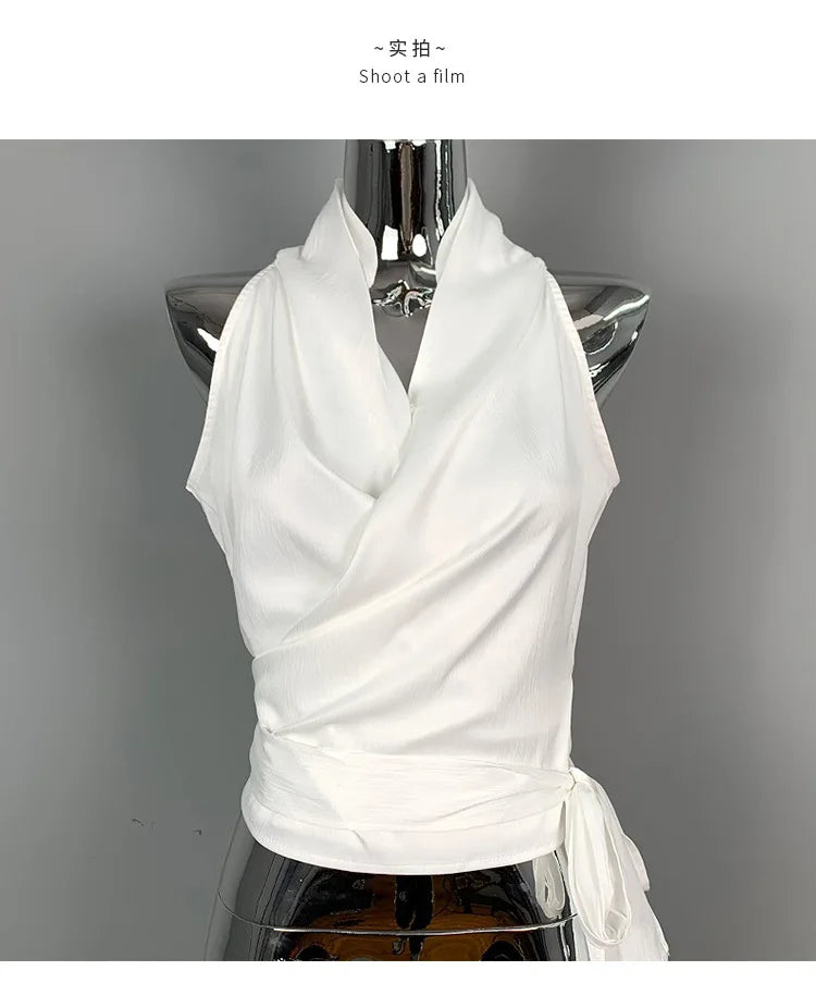Women Blouses Slim Fit V-neck Lace Up Open Stitch Versatile Sleeveless Top For Female Chiffon Tops Summer Fashion PPAY